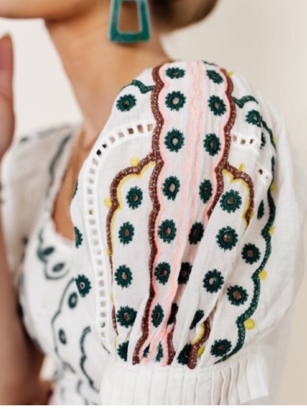 Boheme White Maxi Dress. Eyelet Embroidery and Blush/Yellow Trim - Picture 3 of 16
